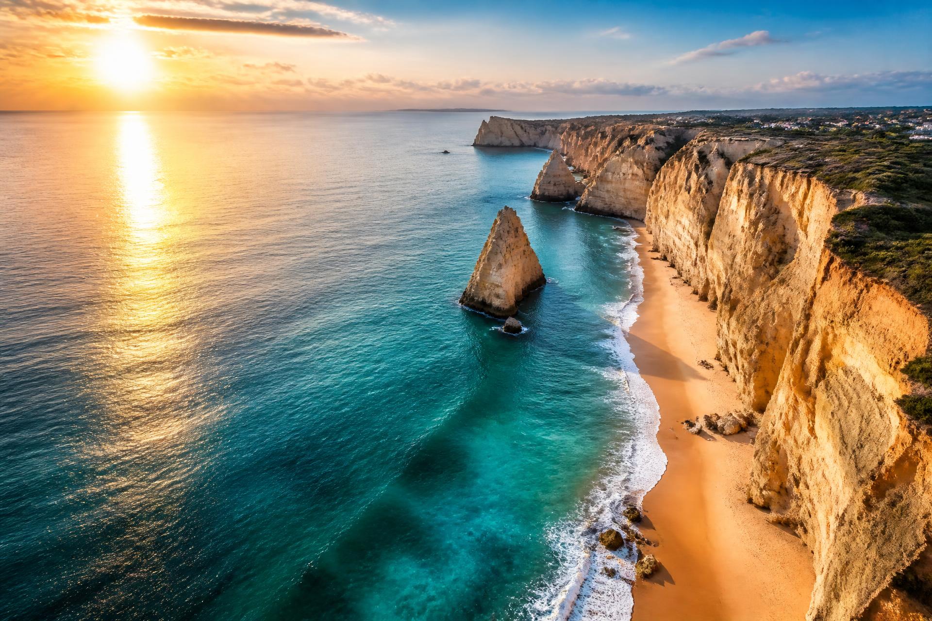 Turquoise ocean meeting golden cliffs at sunset